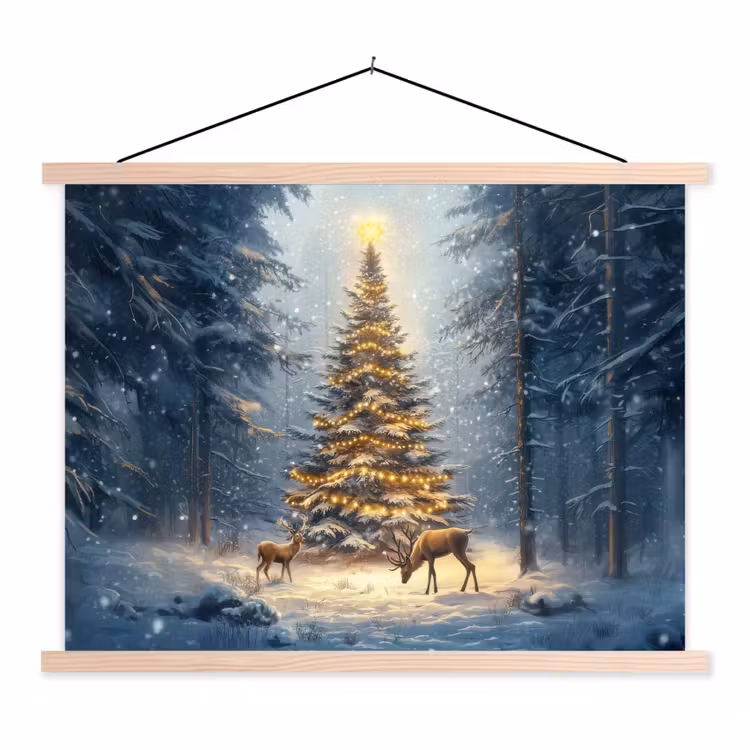 Kerstlicht - Woud - Hert - Donker textielposter latten blank klein -3d