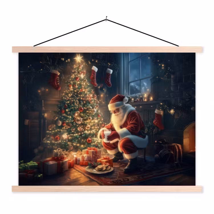 Kerstman - Haard - Donker textielposter latten blank klein -3d