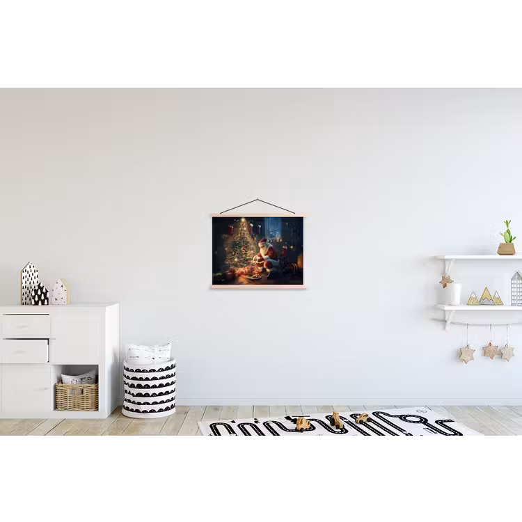 Kerstman - Haard - Donker textielposter latten blank klein -kinderkamer