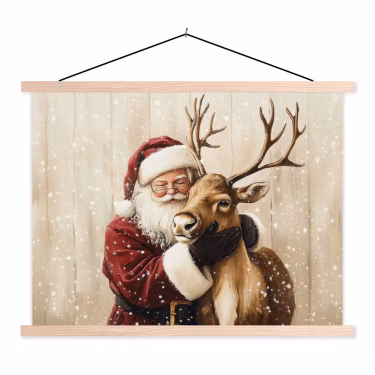 Kerstman - Rendier - Sneeuw - Kleurrijk textielposter latten blank klein -3d