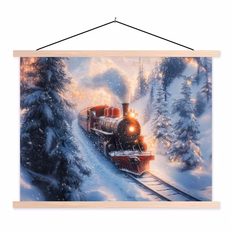 Kersttrein - Sneeuw - Winter - Kerst textielposter latten blank klein -3d
