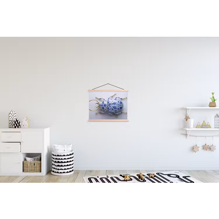 Kever - Delfts  - Blauw - Goud textielposter latten blank klein -kinderkamer