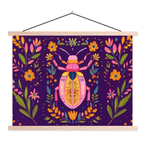 Kever - Felgekleurd - Bloemen - Bladeren textielposter latten blank klein -3d