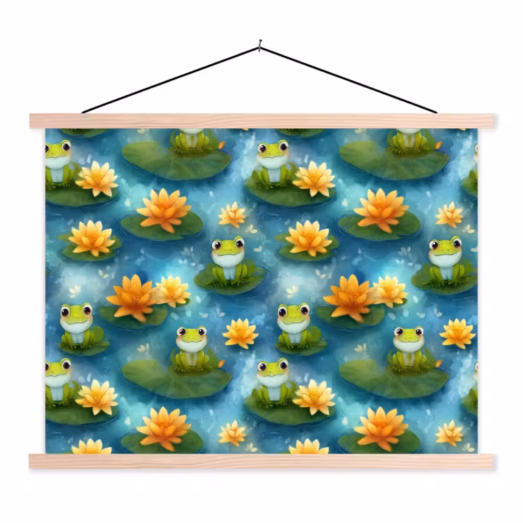 Kikker - Lelies - Groen textielposter latten blank klein 122 -3d