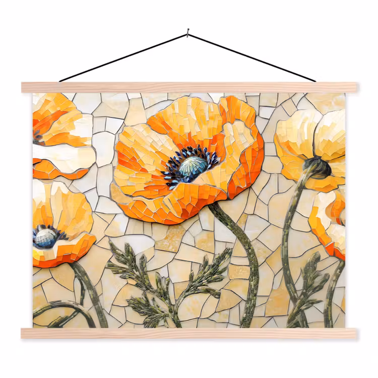 Klaprozen - Oranje - Mozaïek - Bladeren textielposter latten blank klein -3d