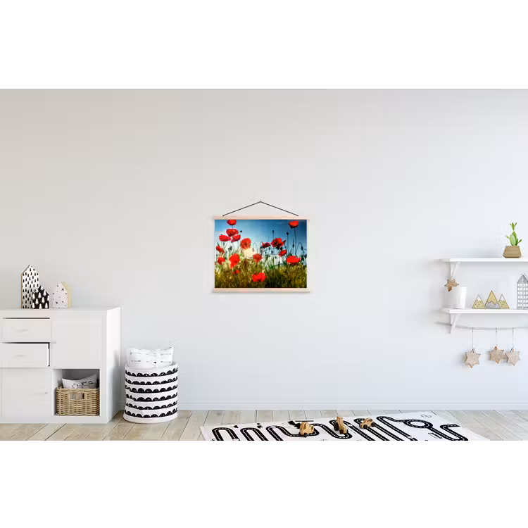 Klaprozen - Toscane - Zon - Rood - Blauw textielposter latten blank klein -kinderkamer