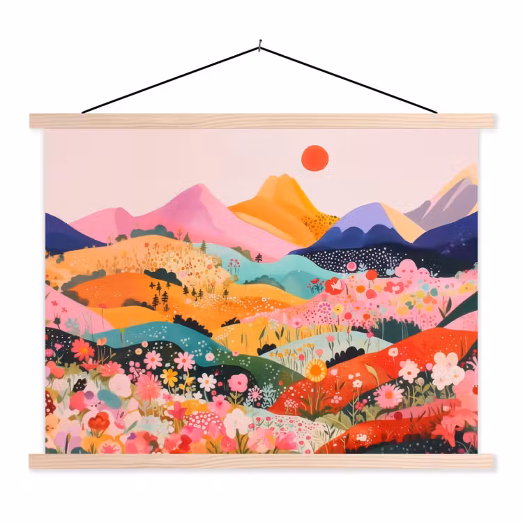 Kleurrijke bloemen - Bergen - Fantasielandschap textielposter latten blank klein -3d