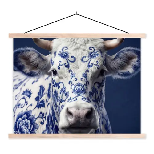 Koe - Delfts - Blauw - Artistiek textielposter latten blank klein -3d