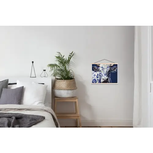 Koe - Delfts - Blauw - Artistiek textielposter latten blank klein -woonkamer