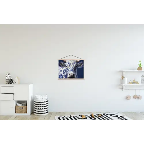 Koe - Delfts - Blauw - Artistiek textielposter latten blank klein -kinderkamer