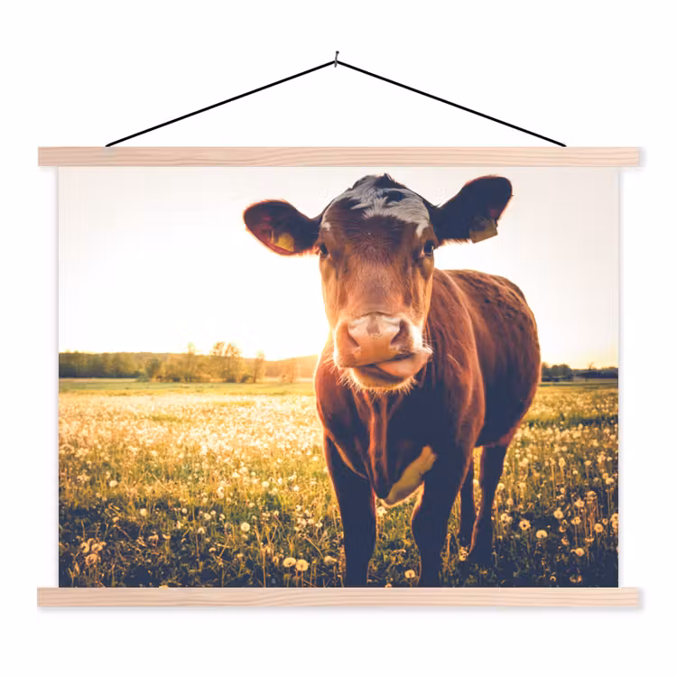 Koe - Zonsondergang - Bloemen - Gras - Dieren textielposter latten blank klein -3d
