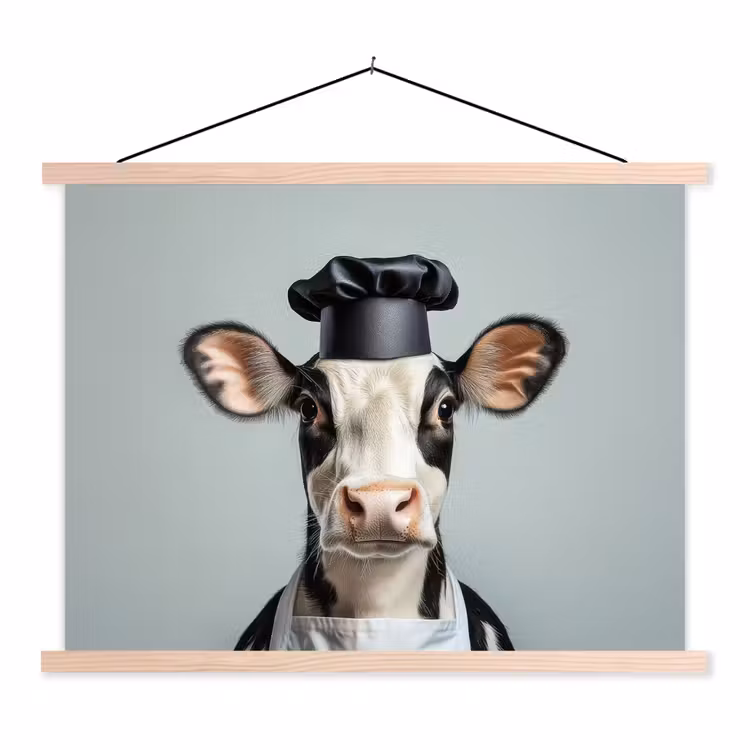 Koe - Zwart - Wit - Kok textielposter latten blank klein -3d