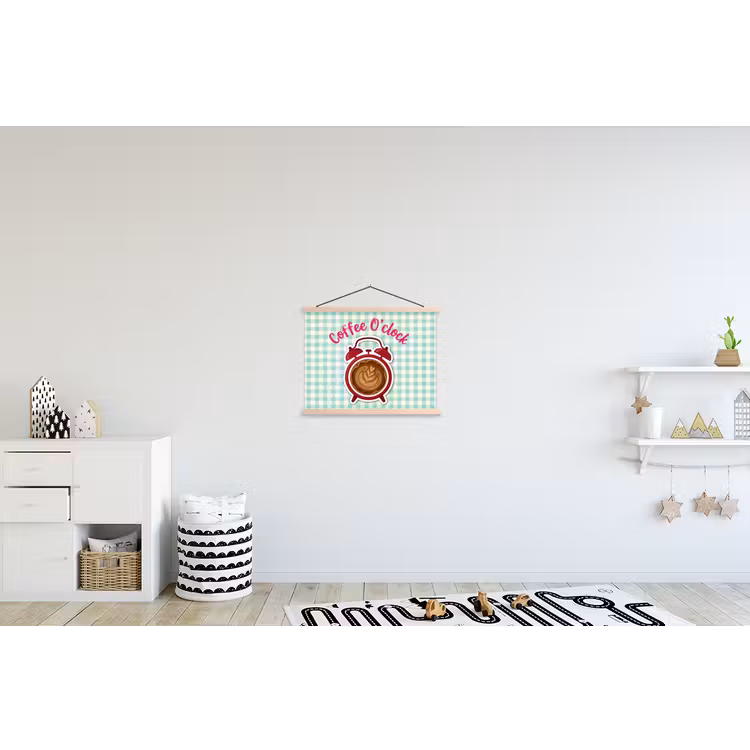 Koffie - Klok - Groen textielposter latten blank klein -kinderkamer