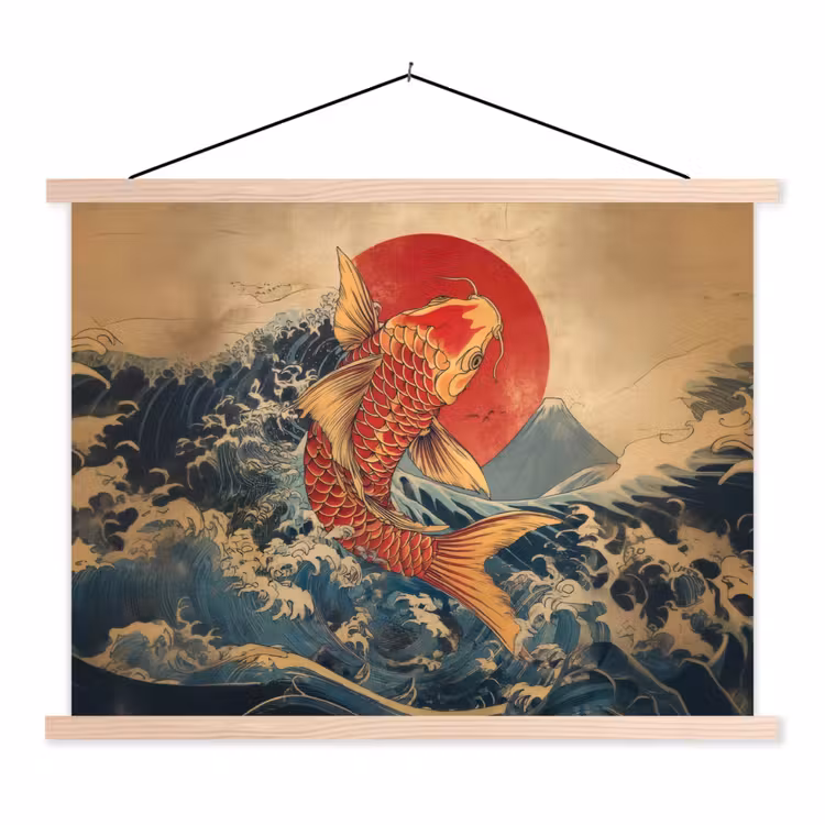 Koi - Zee - Golven - Zon textielposter latten blank klein -3d