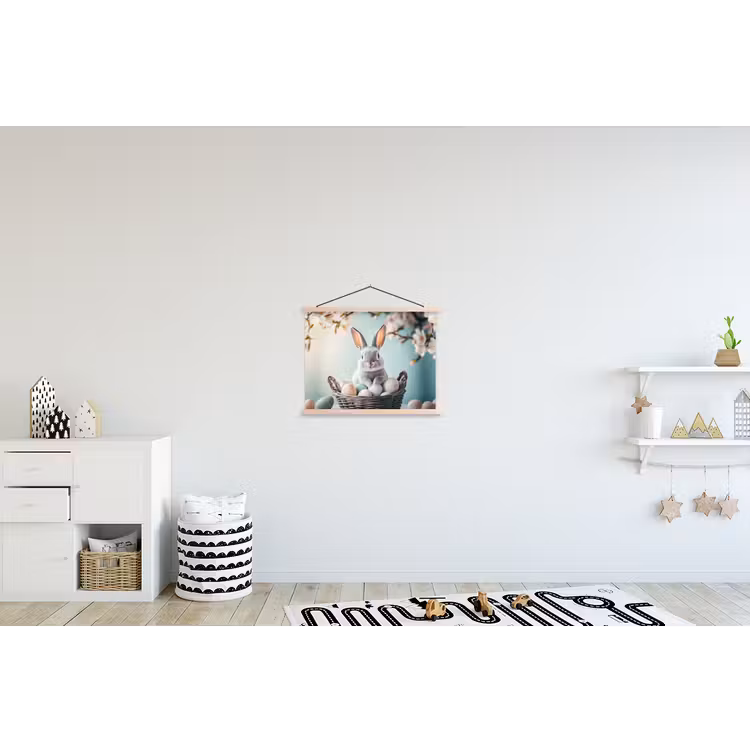 Konijn - Eieren - Mand textielposter latten blank klein -kinderkamer