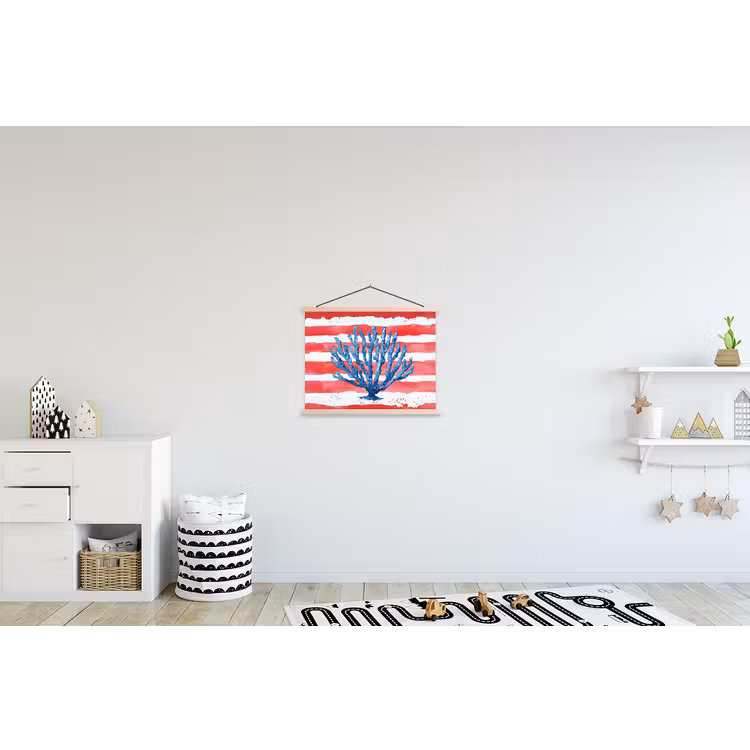 Koraal - Verfstructuur - Rood - Blauw textielposter latten blank klein -kinderkamer