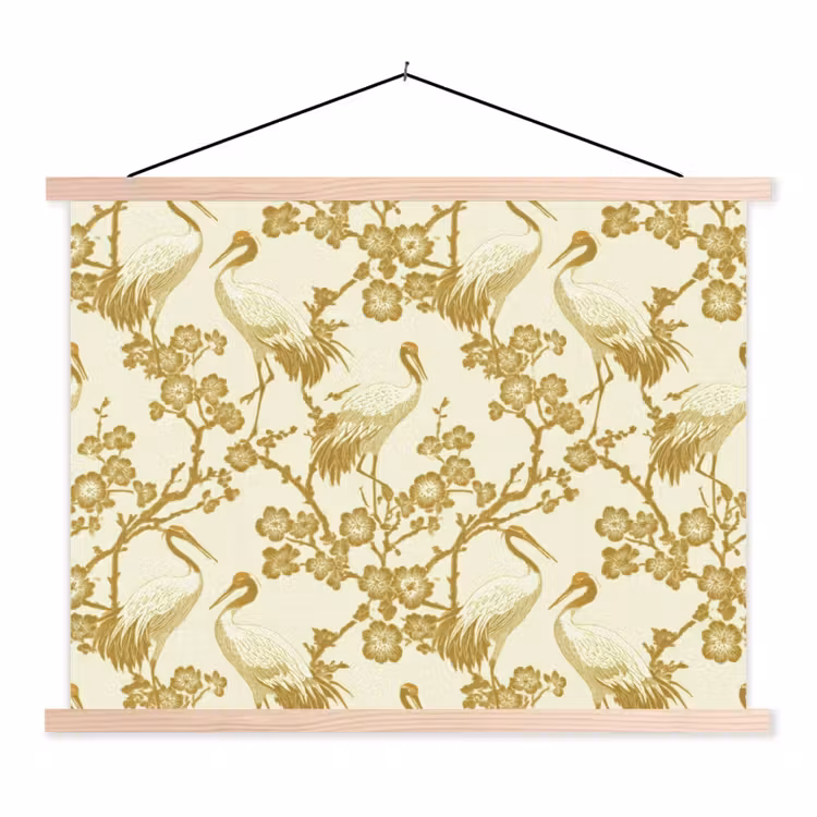 Kraanvogels - Kersenbloesem - Goud textielposter latten blank klein 122 -3d