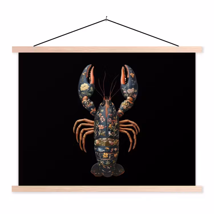 Kreeft - Zwart - Bloemenpatroon - Artistiek textielposter latten blank klein -3d