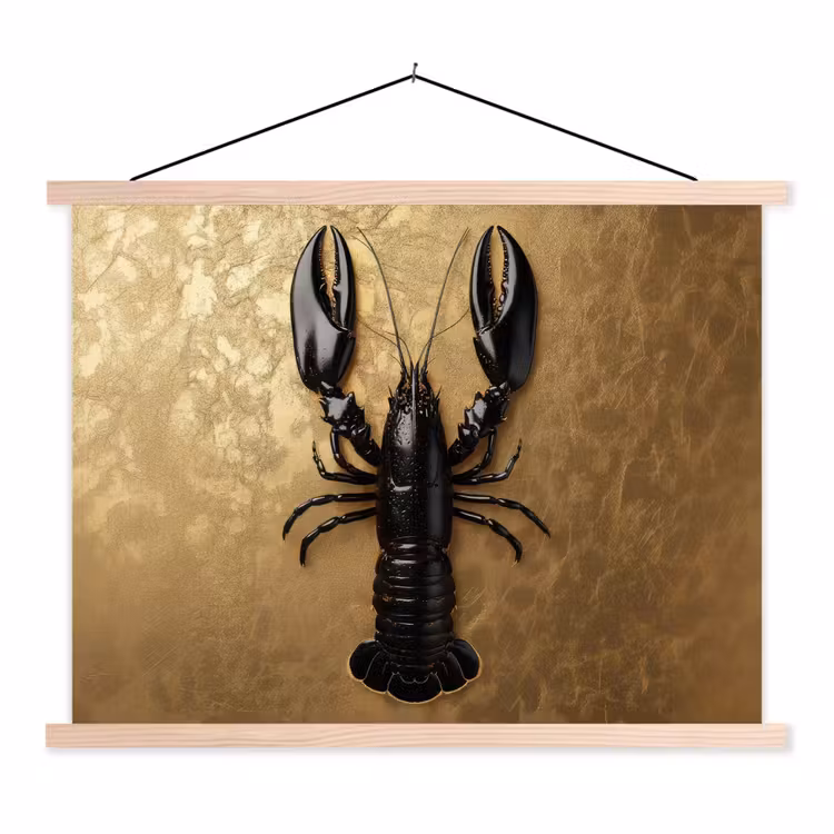 Kreeft - Zwart - Goud - Luxe textielposter latten blank klein -3d
