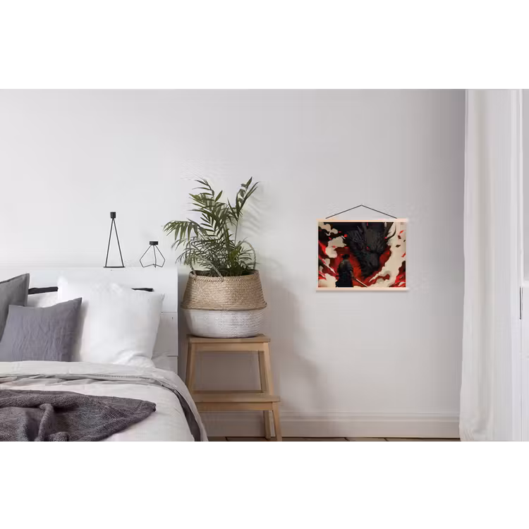 Krijger - Draak - Zwart - Rood - Rook textielposter latten blank klein -woonkamer