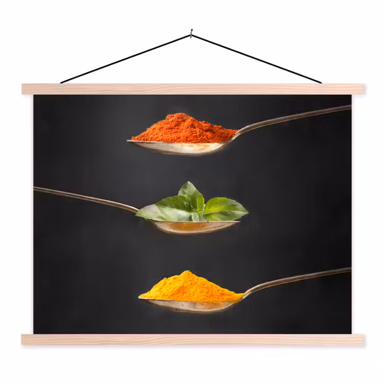 Kruiden - Lepel - Specerijen - Zwart - Italiaans textielposter latten blank klein -3d