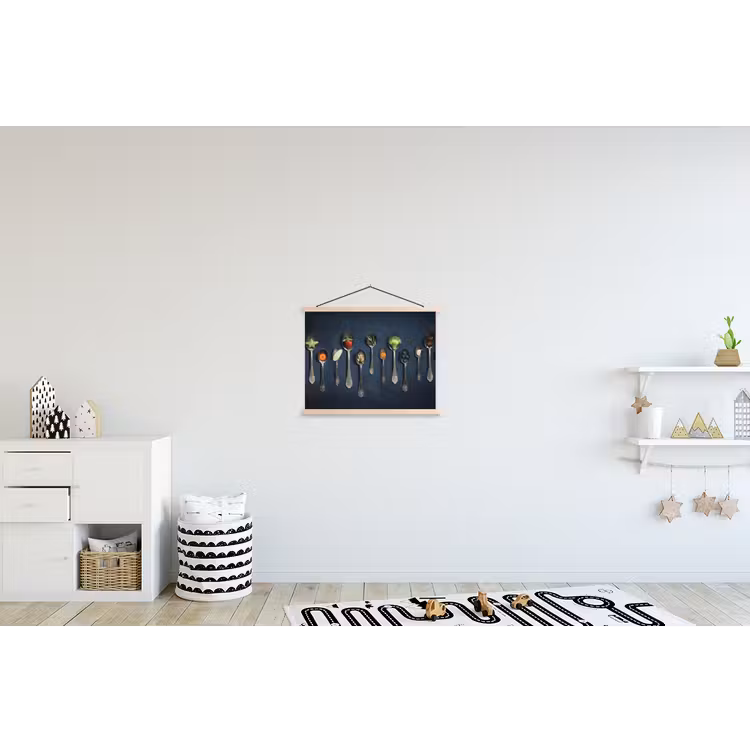 Kruiden - Lepel - Zilver - Specerijen - Industrieel textielposter latten blank klein -kinderkamer