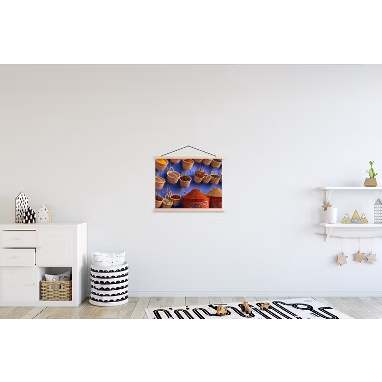 Schoolplaat - Kruiden - Manden - Markt - Kruiden - Manden - Markt textielposter latten blank klein