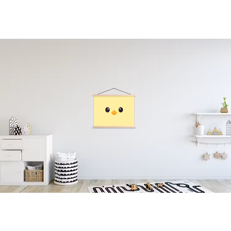 Kuiken - Vrolijk - Geel - Minimalistisch textielposter latten blank klein -kinderkamer