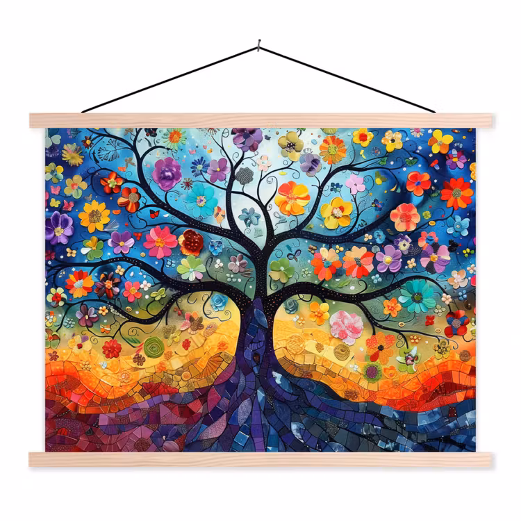Kunst - Levensboom - Bloemen - Hippie textielposter latten blank klein -3d