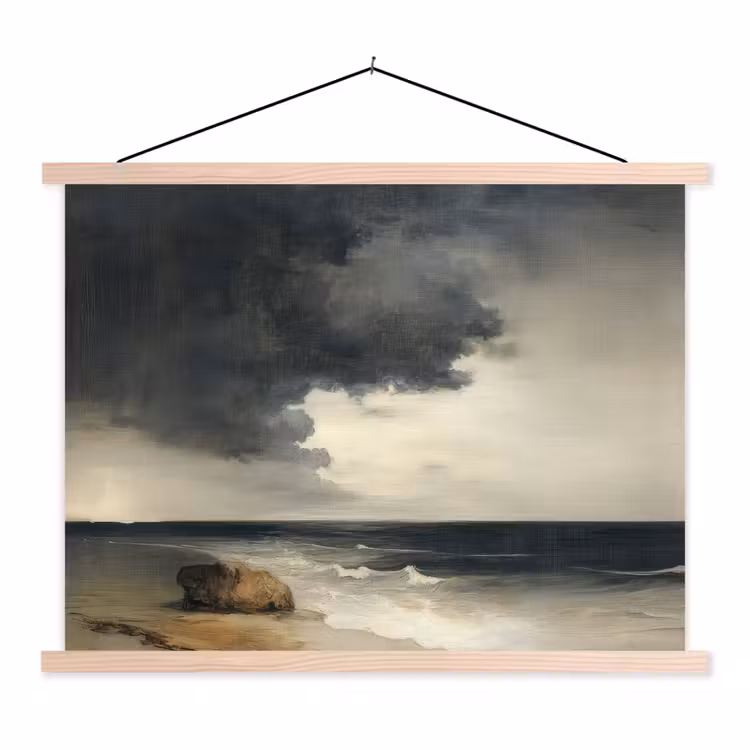 Kust - Golven - Rots - Storm textielposter latten blank klein -3d