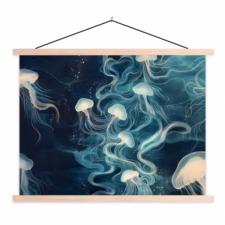 Kwallen - Zee - Wit - Golven textielposter latten blank klein -3d