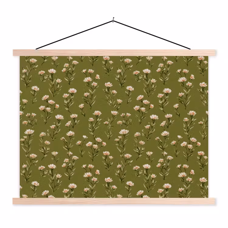 Landelijk - Bloemen - Groen textielposter latten blank klein 122 -3d