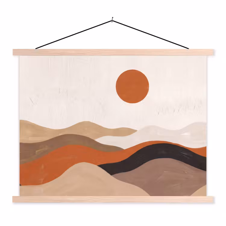 Landschap - Heuvels - Zon - Abstract - Oranje textielposter latten blank klein -3d