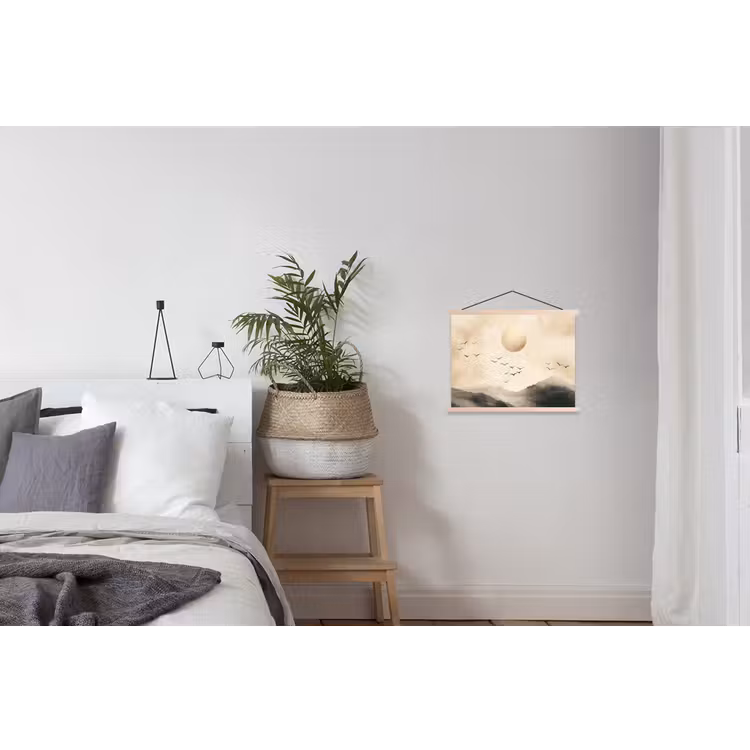 Landschap - Japandi - vogel textielposter latten blank klein -woonkamer