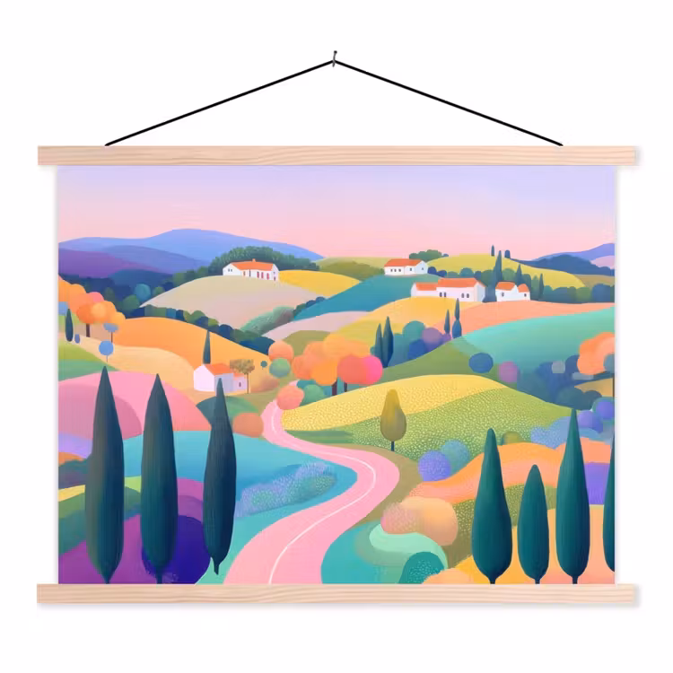 Landschap - Paars - Pastel - Huizen textielposter latten blank klein -3d