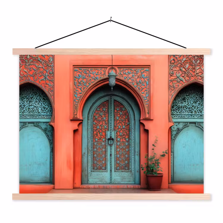 Lantaarn - Deur - Turquoise textielposter latten blank klein -3d