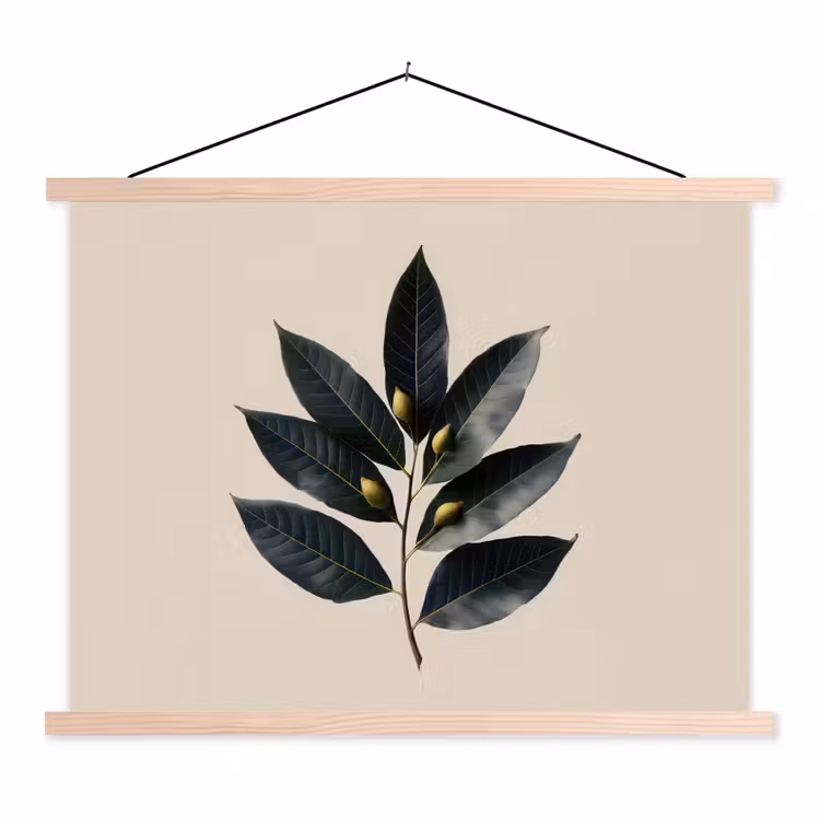 Laurierbladeren - Bloemknoppen - subtiel textielposter latten blank klein -3d