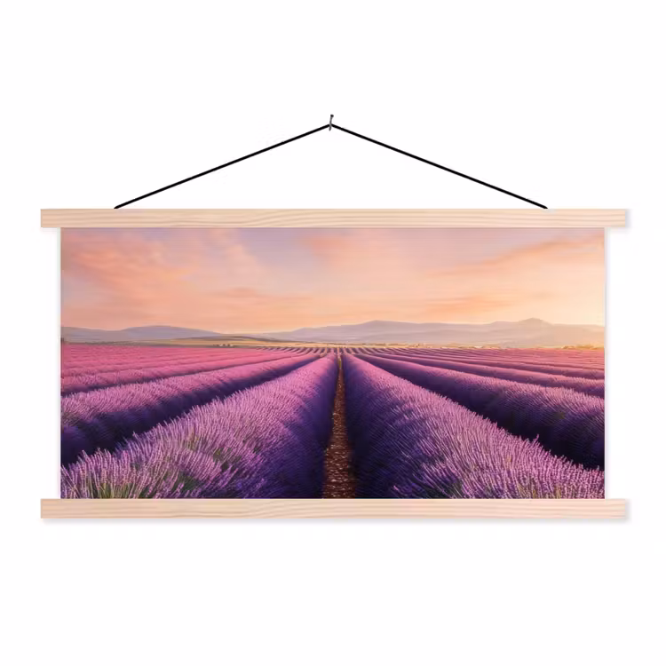 Lavendelveld - Zonsondergang - Paars - Bloemen textielposter latten blank klein -3d