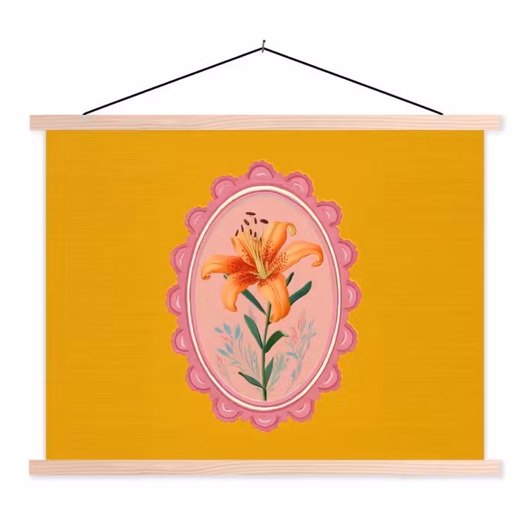 Lelie - Oranje - Lijst - Ovaal textielposter latten blank klein -3d