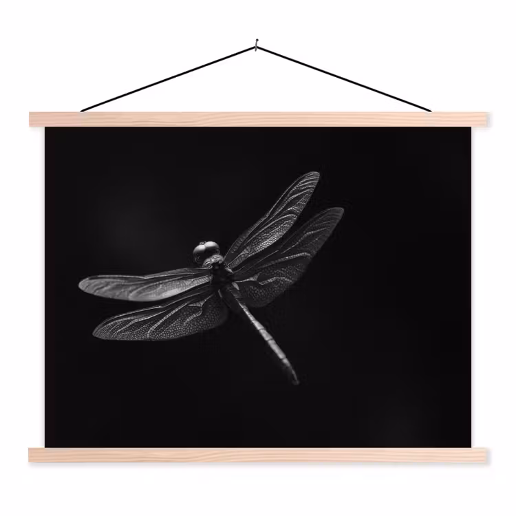Libelle - Dieren - Zwart - Insect textielposter latten blank klein -3d