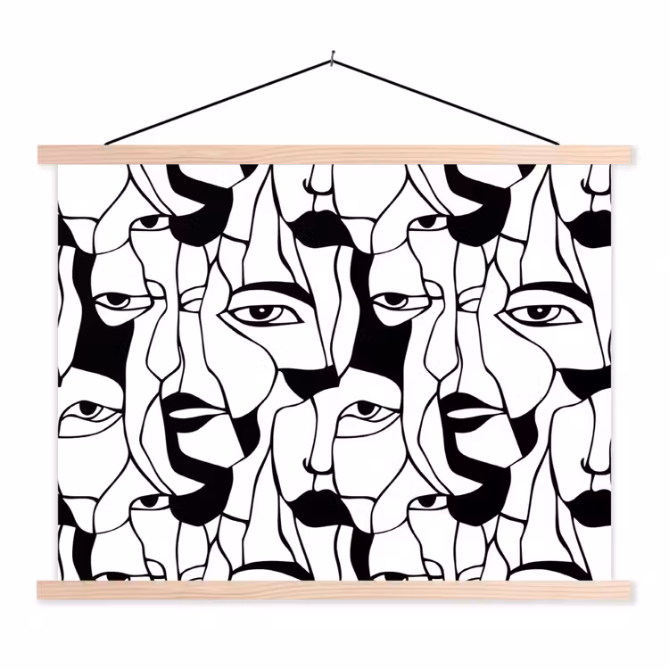 Lijnen - Gezichten - Zwart - Wit textielposter latten blank klein 122 -3d