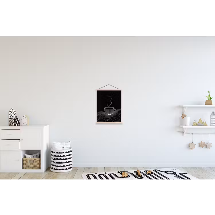 Lijntekening - Koffiekop - Zwart textielposter latten blank klein -kinderkamer