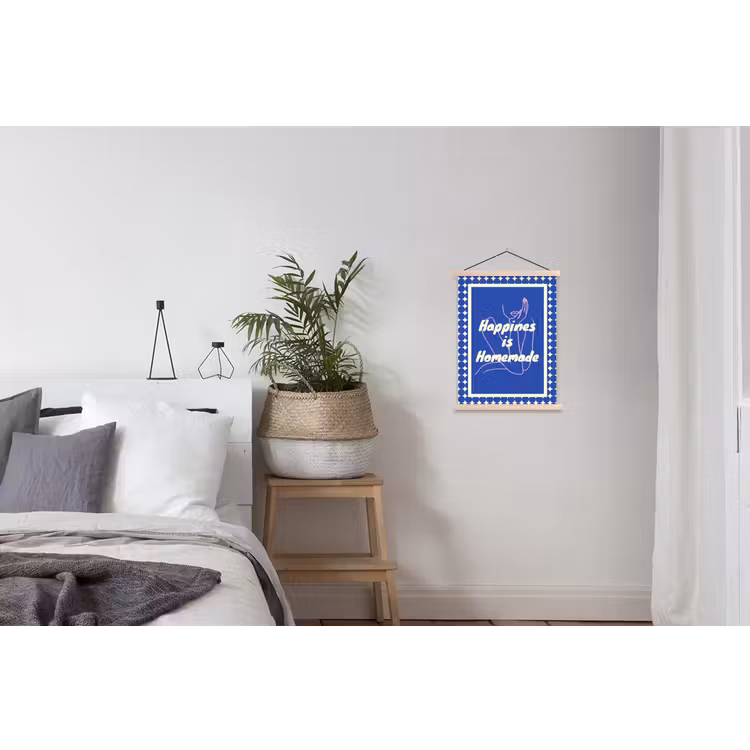 Lijntekening - Vrouw - Quote - Blauw textielposter latten blank klein -woonkamer