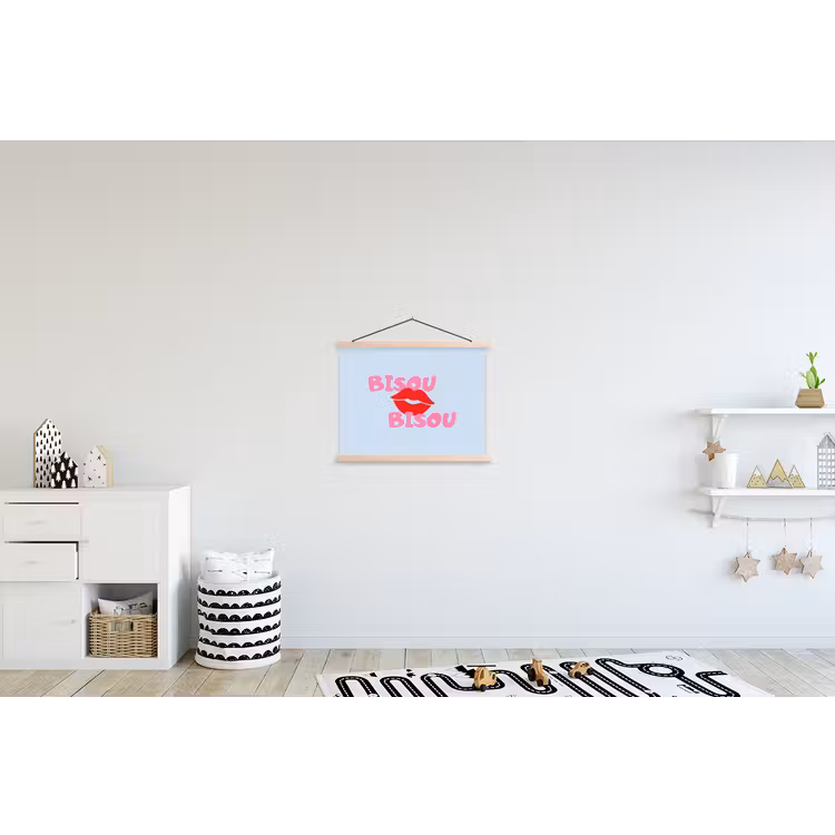 Lippen - Bisou - Blauw textielposter latten blank klein -kinderkamer