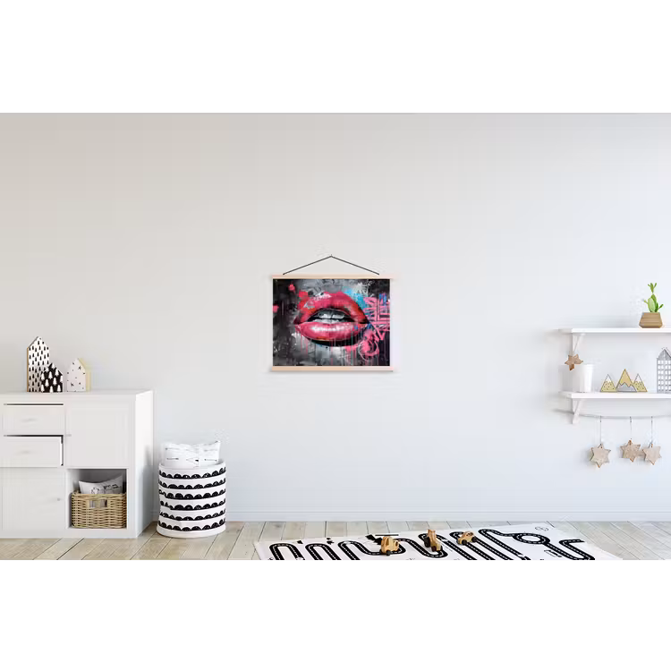 Lippen - Felroze - Graffiti - Verfstrepen textielposter latten blank klein -kinderkamer