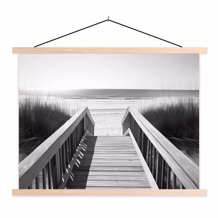 Loopbrug - Hout - Strand - Zee textielposter latten blank klein -3d