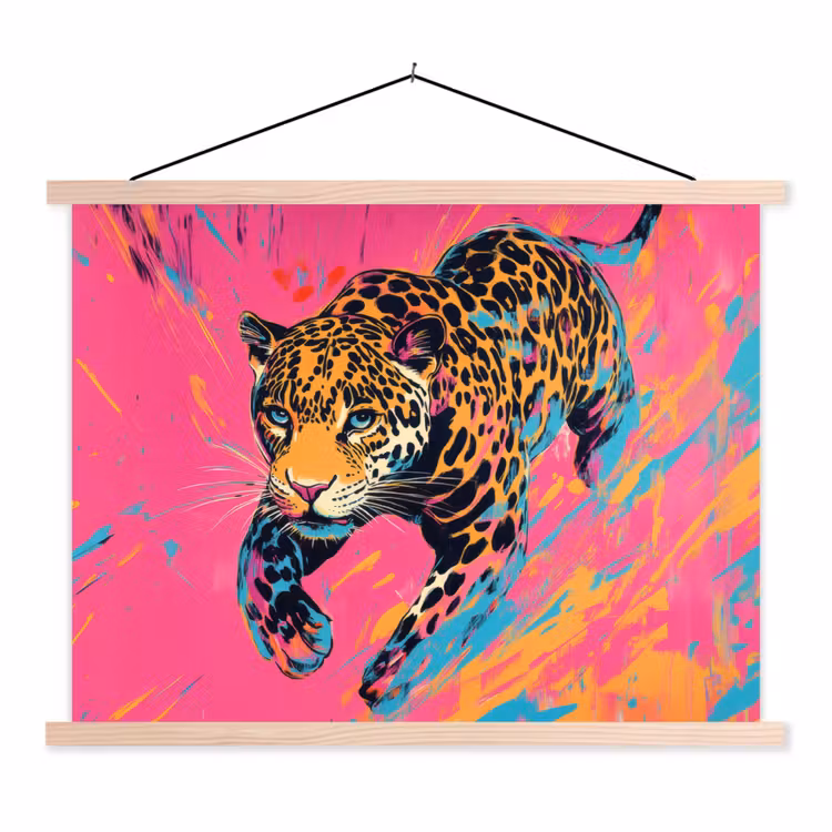 Luipaard - Roze - Oranje - Blauw - Verf textielposter latten blank klein -3d