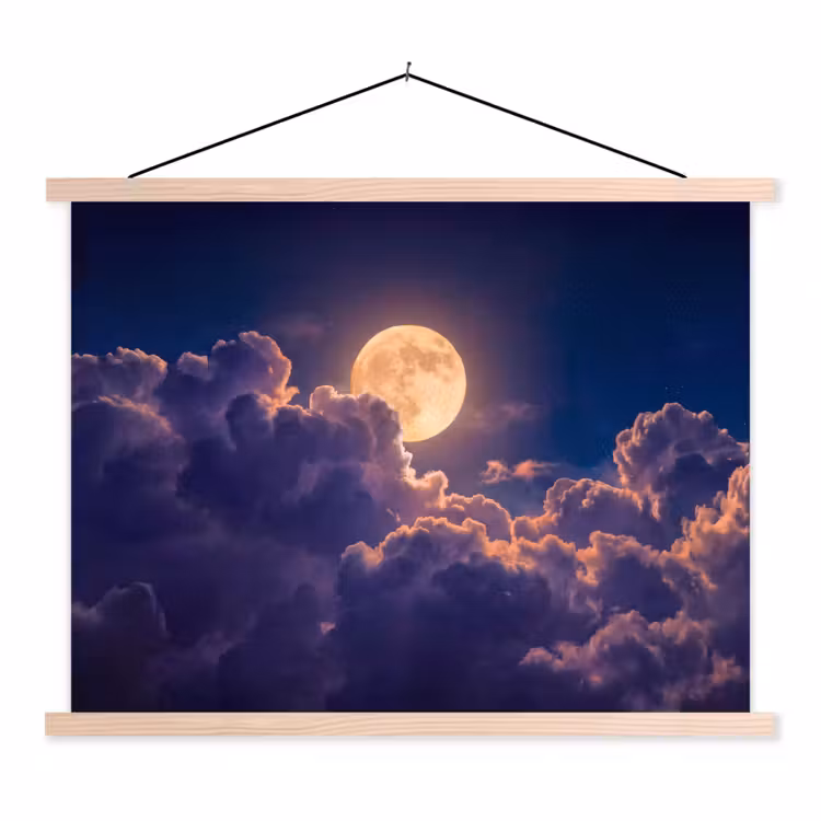 Maan - Wolken - Nacht - Oranje textielposter latten blank klein -3d