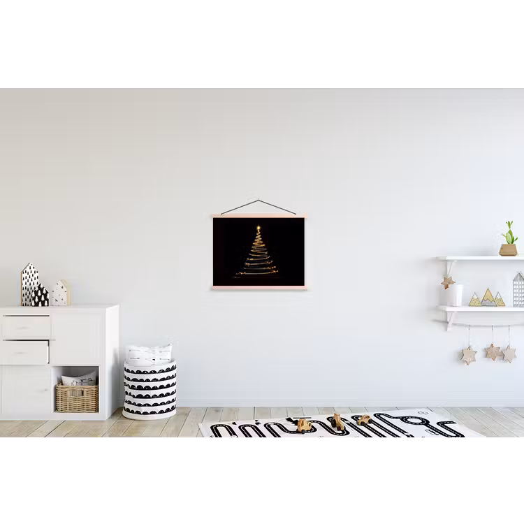 Magisch - Kerstboom - Lichtspiralen - Zwart textielposter latten blank klein -kinderkamer