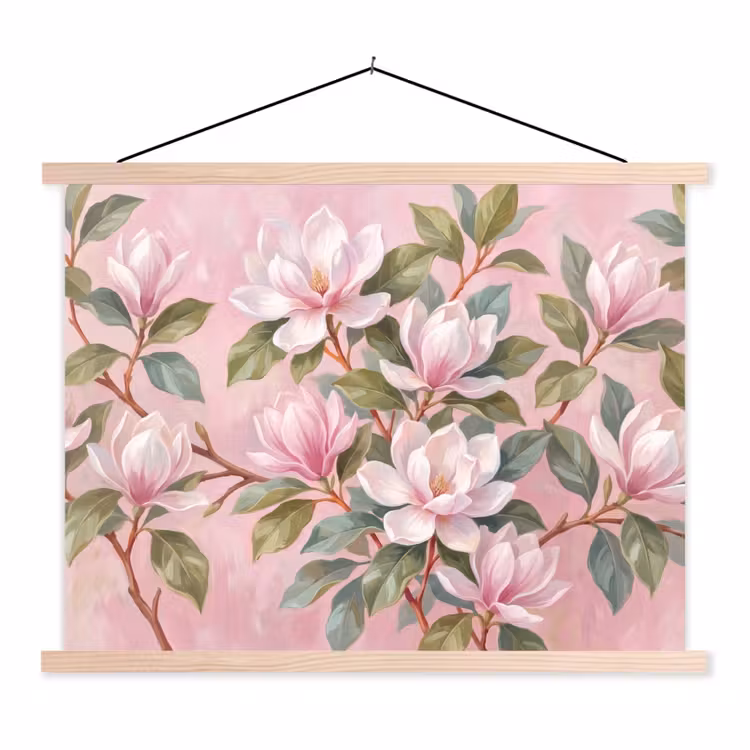 Magnolia's - Patroon - Roze textielposter latten blank klein -3d